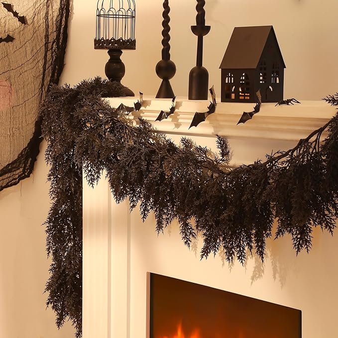Dingion Black Artificial Cedar Garland - 9 ft Halloween Faux Cedar Pine Hanging Party Decoration Halloween Realistic Garland for Home, Mantle & Fireplace