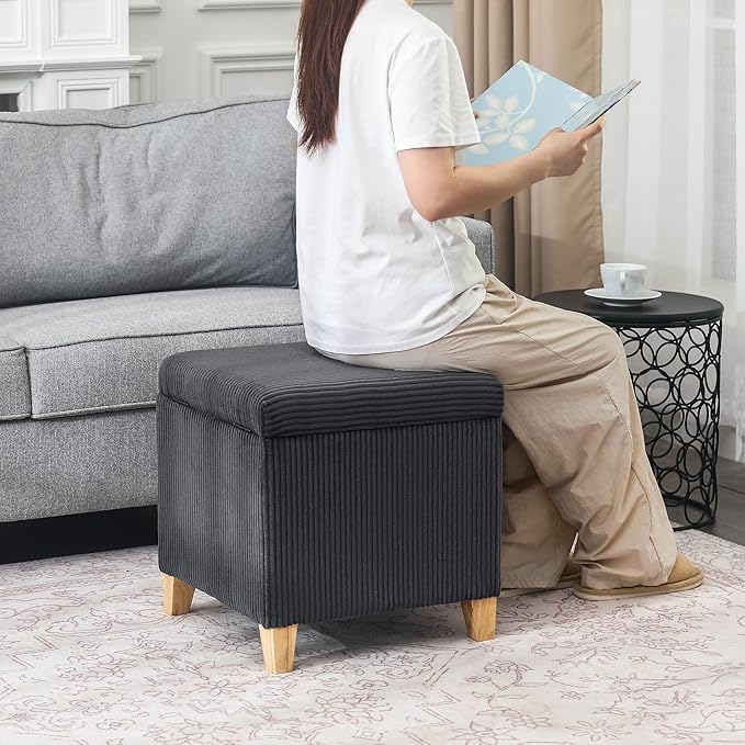 Adeco 18 Inch High Faux Fur Grey Cube Ottoman Storage, Fluffy Striped Velvet Chair Foot Stools, Small Bench Upholstered Vanity Stool with Hinged Lid, Solid Wood Legs