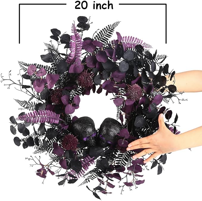 20" Halloween Wreaths for Front Door, Black Glitter Skulls Purple Eucalyptus Leaves Halloween Horror Decor, Gothic Party Room Decoration