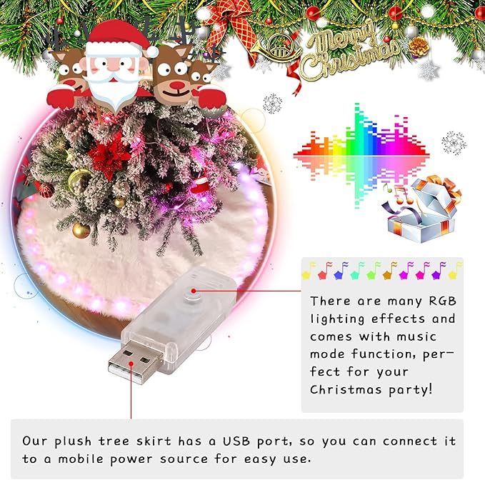 48 Inch Faux Fur Christmas Tree Skirt with Lights Soft Snow White Plush Tree Mat Christmas Decorations Fluffy Tree Skirts Xmas Holiday Party Indoor Decorations