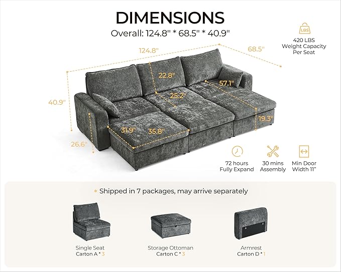 Oversized Modular Sofa Comfy Cloud Couch with Storage, Extra Deep Plush Sectional Sofa Set for Living Room, Covers Washable, Chenille, Olar (Grey, 6-Seater with 3 Ottomans, Sleeper)