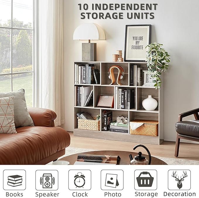 LEYAOYAO 10 Cube Bookshelf with Base,3 Tier Mid-Century Modern Grey Bookcase,Standing Wide Bookshelves Storage Organizer Shelf,Rustic Wood Display Cabinet Book Shelves for Bedroom,Living Room,Office