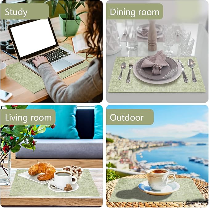 Faux Leather Placemats Set of 6,Heat Resistant Placemats for Dining Table, Easy Clean Non-Slip Place Mats, Waterproof Stain Resistant Wipeable Washable PU Table Mats, (Light Green)