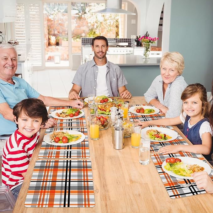 Fall Placemats Set of 6 Fall Orange Black Buffalo Plaid Plastic Table Mats Autumn Thanksgiving Place Mats Halloween Seasonal Table Decoration for Indoor Outdoor Party Kitchen Dining