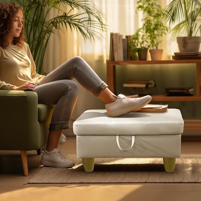 Ottoman Rectangular Storage Ottoman Bench, Faux Leather Footrest, Coffee Table, Stool Footstool with Hinged Lid for Living Room, Bedroom, Entryway, Pearl White, 28.5"x19"x17.5"