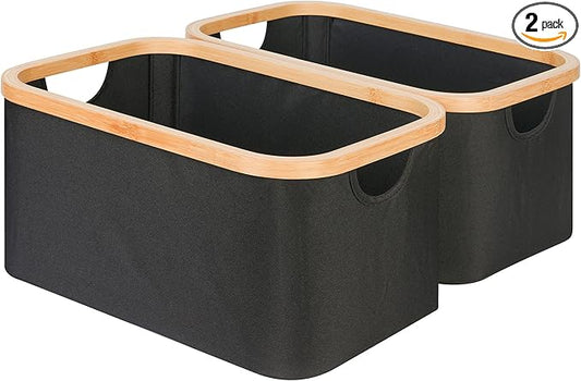 efluky Storage Baskets for Organizing, Fabric Storage Bins with Bamboo Handles, Collapsible Storage Baskets for Shelves and Closet, Black Set of 2