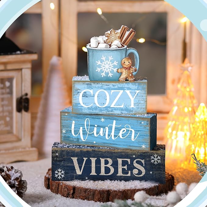 4 Pcs Christmas Table Decoration Wooden Hot Cocoa Decor Winter Tiered Tray Decor Christmas Centerpiece Rustic Decorative Hot Cocoa Block Sign Farmhouse Winter Decoration for Home Kitchen