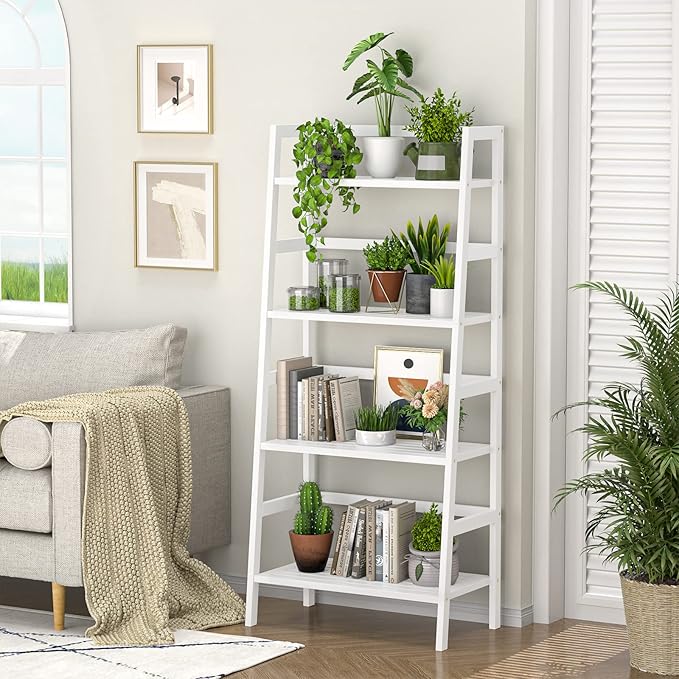 Homykic Bamboo White Bookshelf 4-Tier Ladder Shelf, 49.2” Freestanding Open Bookcase Book Shelf Bathroom Storage Shelf Unit Plant Stand for Small Space, Bedroom, Living Room, Home Office