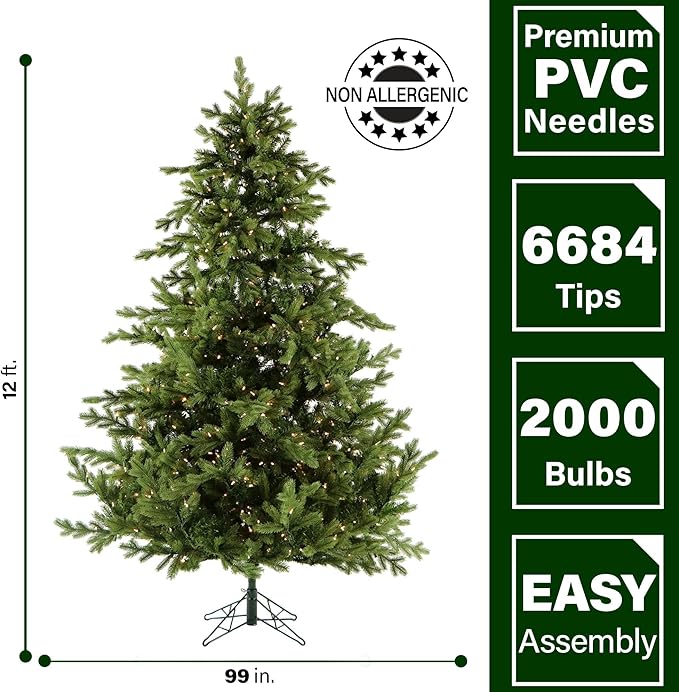 Fraser Hill Farm 12-Ft. Foxtail Pine Artificial Christmas Tree with White Incandescent Smart Lights and Stand, Prelit Foldable Fake Tree with Realistic Foliage for Home Decoration