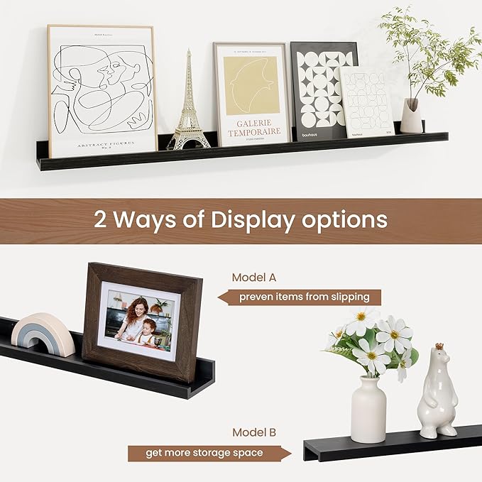 Picture Ledge Shelf, Solid Pine Wood Floating Shelves Set of 2, 36 Inches Nursery Book Shelves for Toys Storage, Kids Bookshelf Wall Mounted for Living Room Bedroom Decor Books Photo Frames, Black