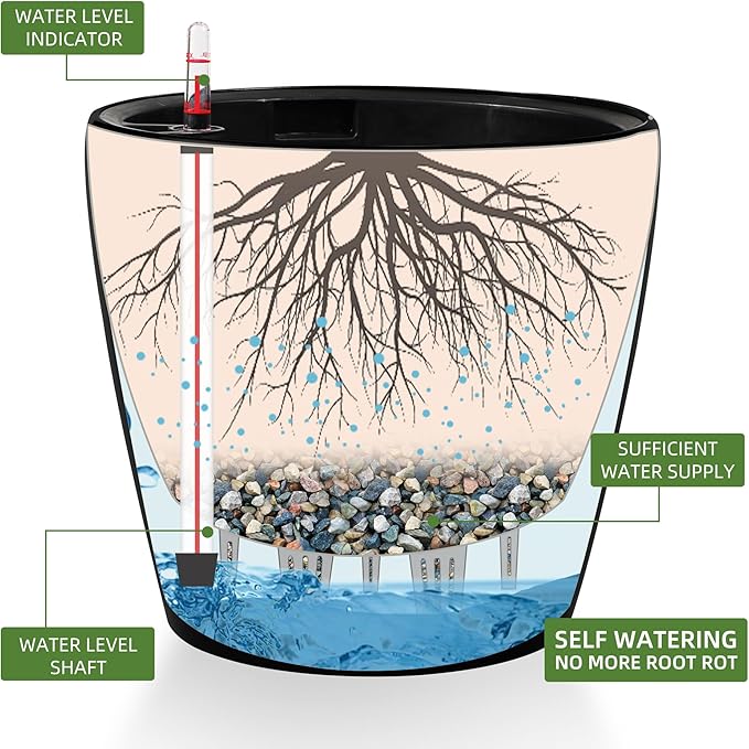 Dexceder 13x12 Self Watering Planter with Wheels Indoor Outdoor, Inner Pot Design, Thickened Large Floor Standing Flower Plant Pot with Water Level Indicator (Black Matte)