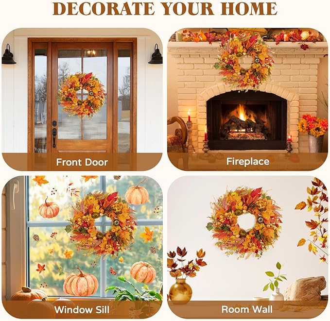 Fall Wreath for Front Door,24" Autumn Front Door Wreath Fall Decorations with Pumpkins Hydrangea Maple Leaves for Porch Window Farmhouse Halloween Thanksgiving Harvest Festival Home Decor