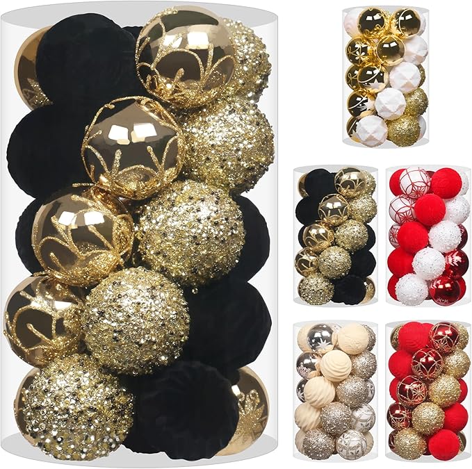 2.36In Velvet Christmas Ball Ornaments, 25PCS Black/Gold Flocked Christmas Tree Hanging Decorations, for Home Holiday Wedding Indoor Xmas Party Decor.