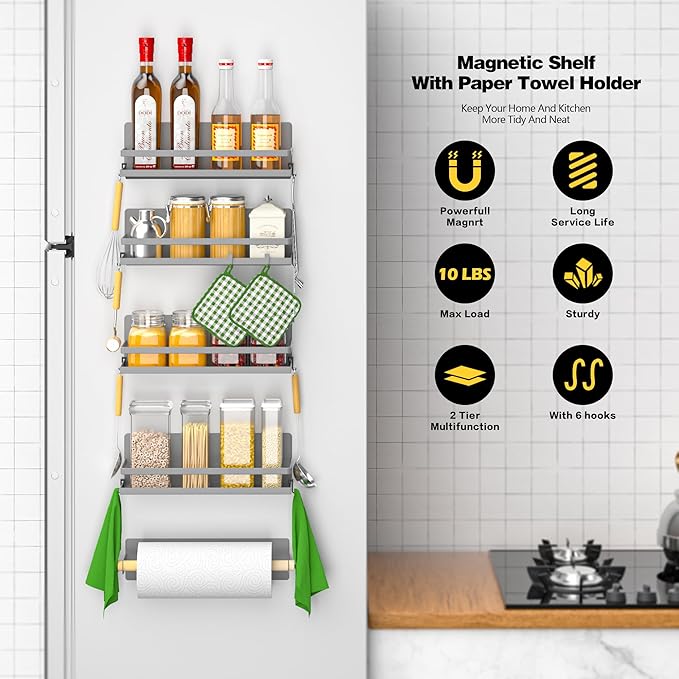 Magnetic Spice Rack Moveable Magnetic Shelf Organizer with Paper Towel Holder Kitchen Refrigerator Seasoning Storage Rack Fridge Magnet Organizer,Grey,3 Packs