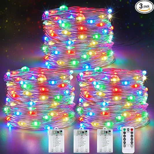 3 Pack Fairy Lights Battery Operated with Remote Control Timer, 26 FT 80 LED String Lights Outdoor Indoor, 8 Mode Twinkle Lights for Christmas Party Wedding Birthday Bedroom Decoration (Multicolor)