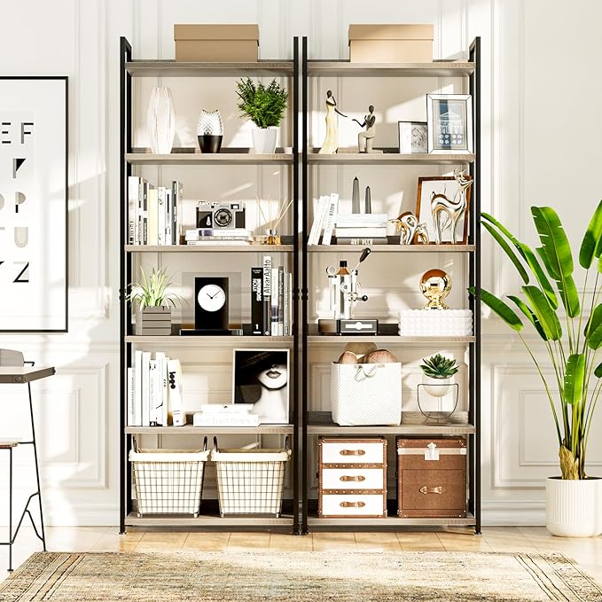 NUMENN Bookshelf, 6 Tier Bookshelves, Home Office Bookcase Shelf Storage Organizer, Free Standing Storage Shelving Unit for Bedroom, Living Room and Home Office, Grey