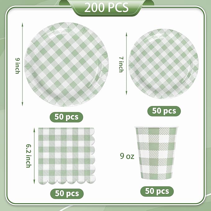 200Pcs Sage Green Gingham Party Supplies Gingham Paper Plates and Napkins Cups Sage Plaid Plates Disposable Green and White Plaid Party Decor for Birthday Family Picnic BBQ,Serves 50 Guests