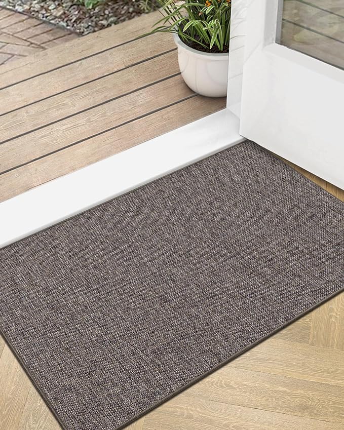 LUMI Ultra Thin Door Mat for Entryway, Low Profile Non Slip Rubber Backing Indoor Doormat, Easy Clean Welcome Entrance Mat for Inside House, Patio,Brown 20"x32"