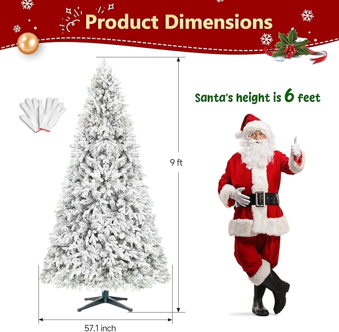 9ft Pre-lit Artificial Christmas Tree with Remote, Snow Flocked Xmas Trees Rotating & Foldable Stand, RGB & Warm White Light for Home Decor