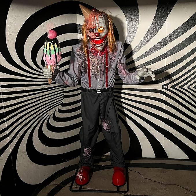Haunted Hill Farm 6.5-Ft Animatronic I Scream Clown by Tekky, Halloween Animatronic, Creepy Party Decor, Indoor & Covered Outdoor Spooky Party Decoration Motion-Activated Lights & Sound, LifeSize