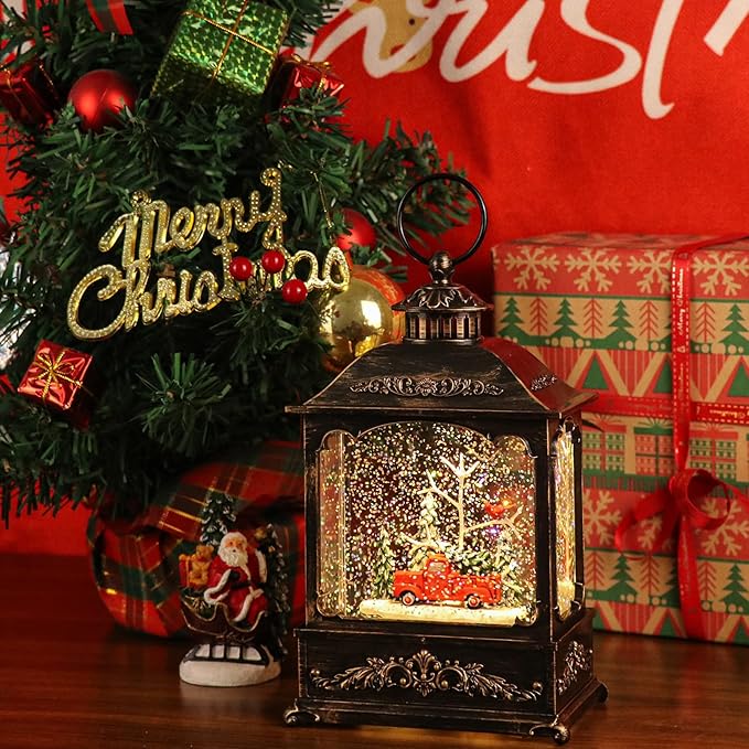 GenSwin Christmas Car Snow Globe Lantern Battery Operated Water Swirling Glitter with 6H Timer, Musical LED Lighted Scene for Christmas Home Decoration Gift