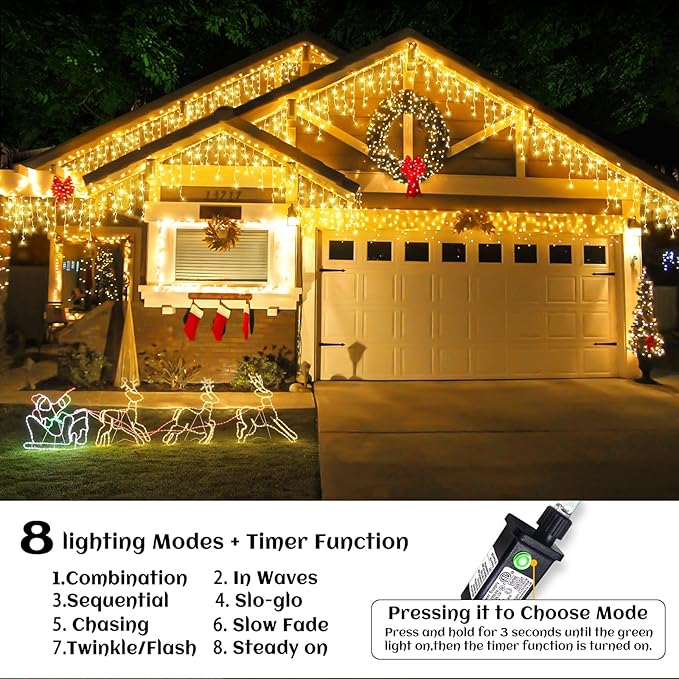 66ft Icicle Lights for Outside - 640 LED Christmas Lights Outdoor with 120 Drops 8 Modes, Plug in Twinkle Light Outside for Holiday Wedding Party Tree Room Indoor Thanksgiving Decoration, Warm White