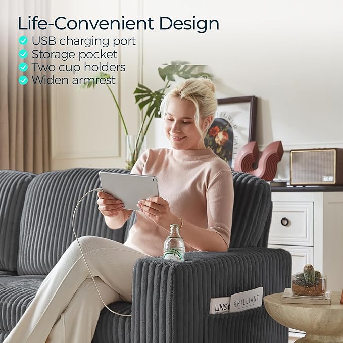 LINSY HOME Loveseat Sofa with Storage - Comfy Plush Corduroy 2 Seater Sofa with USB Charging & Cup Holders, Deep Seat Love Seat for Small Spaces Living Room Bedroom Apartment, Grey