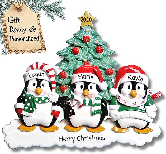 3D Scarves Penguins Family of 3 Christmas Ornament 2025 Personalized Family Christmas Ornaments 2025 | Winter Snow Personalized Tree Ornaments Customizable Gifts Santa Hat Penguin of Three Ornament