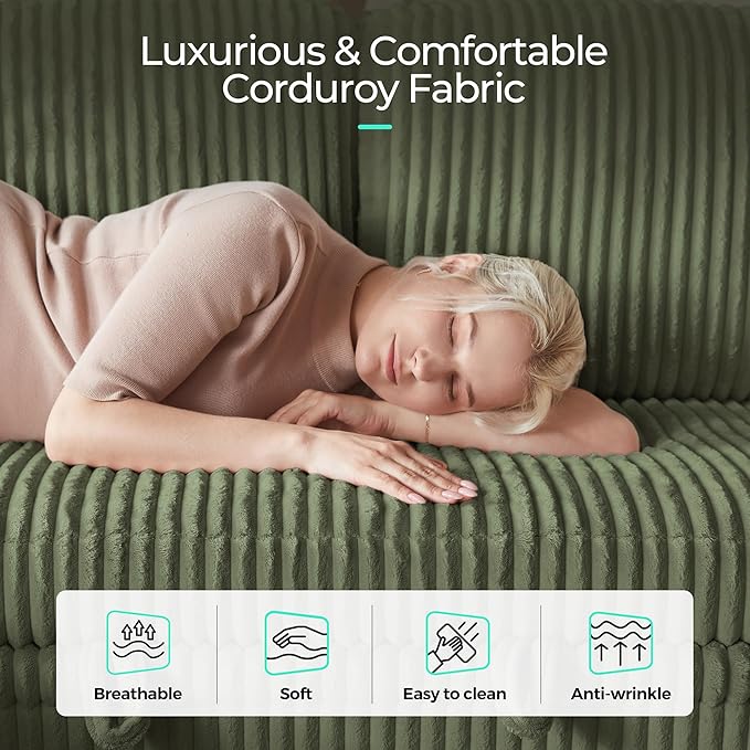LINSY HOME Sectional Sleeper Sofa with Pull Out Couch Bed - Convertible Plush Corduroy Cloud Couch with Storage Chaise & USB Charging, Comfy U Shaped Modular Couches for Living Room, Green