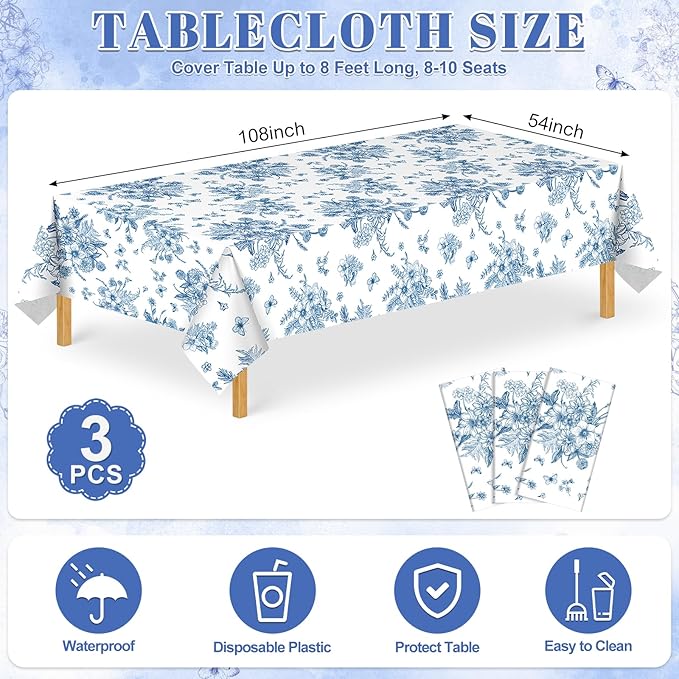 3 Pack Blue Floral Plastic Tablecloths, 54 X 108Inch Tea Party Tablecloth Disposable Vintage Table Cloths Blue and White Porcelain Tables Decor for Birthday Garden Wedding Tea Party Supplies
