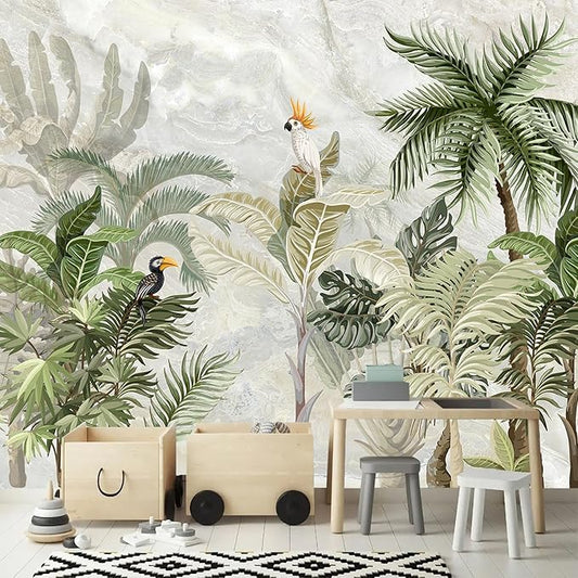 AFZEVEB-Green Forest Nursery Wallpaper Tropical Parrots Wall murals for Kids Room 159"x107" (Not Peel and Stick)