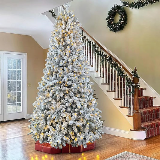 7.5ft Pre-lit Artificial Snow Flocked Christmas Tree with Quick Power Connect, 798 Warm White & Multi-Color LED Lights, and 1869 Branch Tips – Easy 3-Minute Setup Pencil Xmas Tree