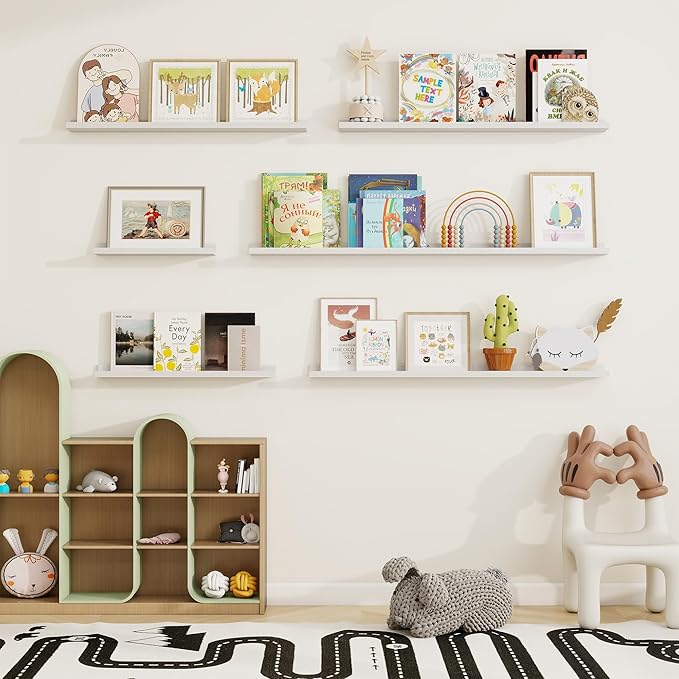 Picture Ledge Shelf, Solid Pine Wood Floating Shelves Set of 4, 16 Inches Nursery Book Shelves for Toys Storage, Kids Bookshelf Wall Mounted for Living Room Decor Photo Frames, White