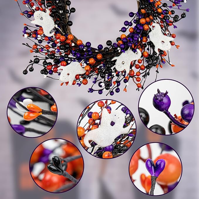 20-Inch Halloween Wreath - Handmade Orange & Black Berry Wreath with Adorable Mini Ghosts, Spooky Front Door Decor for Halloween Party