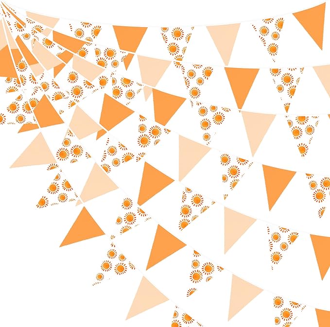 32Ft Sunshine Party Decorations Orange Yellow Triangle Flag Fabric Banner Pennant Garland Bunting Streamer for Boho Sun Birthday First Trip Around The Sun Groovy Retro Hippie Party Decor Supplies