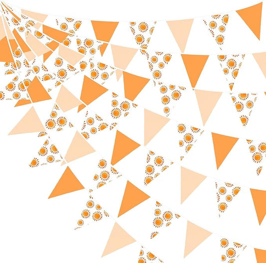 32Ft Sunshine Party Decorations Orange Yellow Triangle Flag Fabric Banner Pennant Garland Bunting Streamer for Boho Sun Birthday First Trip Around The Sun Groovy Retro Hippie Party Decor Supplies
