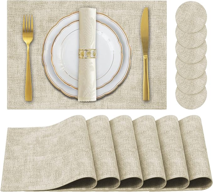 Faux Leather Placemats Set of 6,Heat Resistant Placemats for Dining Table, Easy Clean Non-Slip Place Mats, Waterproof Stain Resistant Wipeable Washable PU Table Mats, (Beige)