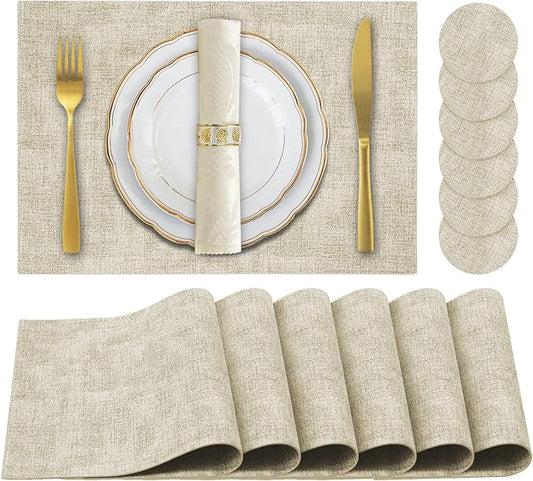 Faux Leather Placemats Set of 6,Heat Resistant Placemats for Dining Table, Easy Clean Non-Slip Place Mats, Waterproof Stain Resistant Wipeable Washable PU Table Mats, (Beige)