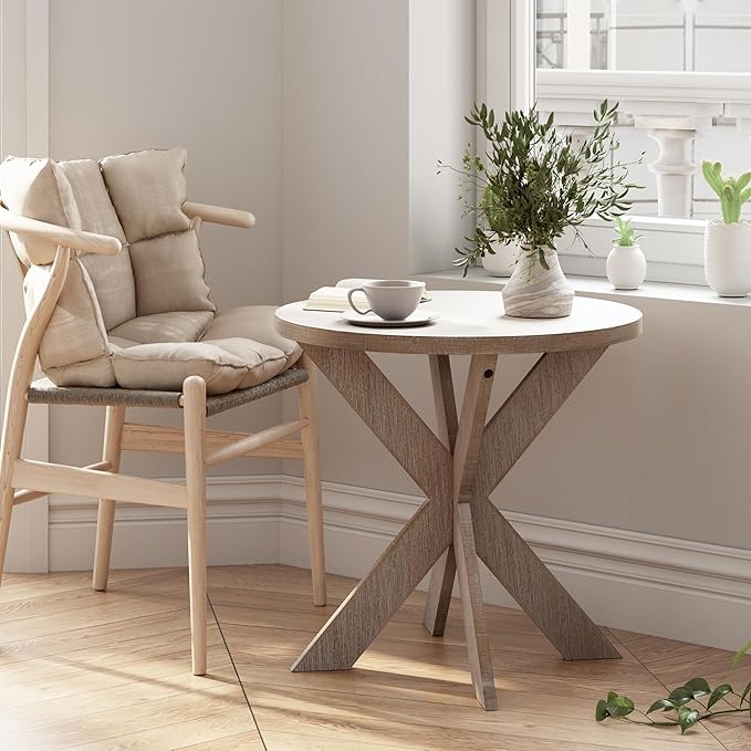 Rustic Farmhouse End Table with Storage Shelf, French Country Accent Side for Family, Dinning or Living Room, Small Spaces, Modern, Round, Vintage Blue Finish, Curved Leg