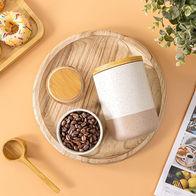 Yangbaga Canisters Sets for Kitchen Countertop-Set of 4 Ceramic Kitchen Canisters Food Storage Jar with Airtight Wood Lids & Spoons & Label,Large Flour and Sugar Containers for Serving Ground Coffee