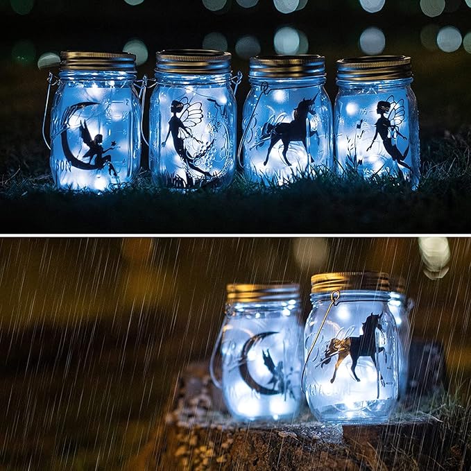 8 Pack Fairy Star Firefly Jar Lids Lights,Solar Fairy String Lids Lights（No Jars）,Waterproof Lantern Mason String Solar Lights with Hangers for Regular Mouth Jars Christmas Gifts(Cold White)