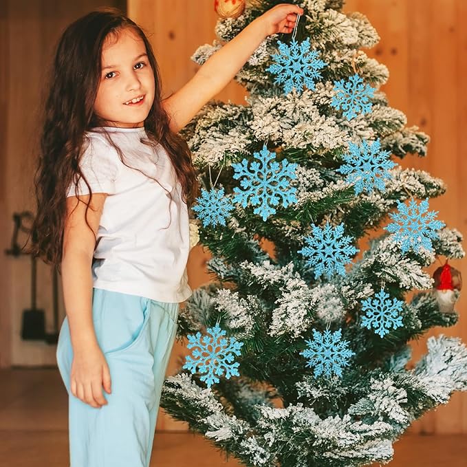 36pcs Christmas Light Blue Snowflake Ornaments Plastic Glitter Snow Flakes Ornaments for Winter Christmas Tree Decorations Size Varies Craft Snowflakes