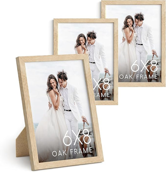 HAUS AND HUES 6x8 Natural Oak Wooden Picture Frame - Set of 3 6x8 Poster Frame - Premium Oak, Vertical Hang, Shatterproof Plexiglass - Ideal for Home, Room, Office (6x8-inch, Natural, Set of 3)