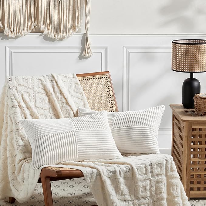 Fancy Homi 2 Packs Cream White Long Lumbar Decorative Throw Pillow Covers 12x24 Inch for Couch Bed Sofa, Rustic Farmhouse Boho Home Decor, Soft Striped Corduroy Rectangle Accent Cushion Case 30x60 cm