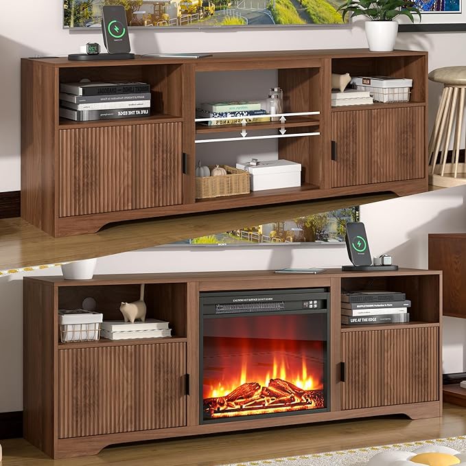 Fireplace TV Stand for Television up to 80 Inch,Entertainment Center with Adjustable Shelf,Mid-Century Modern Fluted TV Stand with 23" Electric Fireplace,Media Console for Living Room,Bedroom