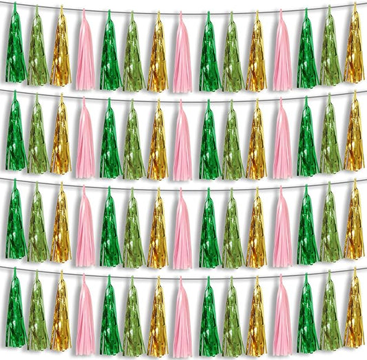 4P Pink-Gold Sage-Green Party-Decorations Foil Fringe Metallic Tassel Streamers Banner Tassel Garland for Parade Floats, Birthday, Bachelorette, Wedding, Halloween, Christmas