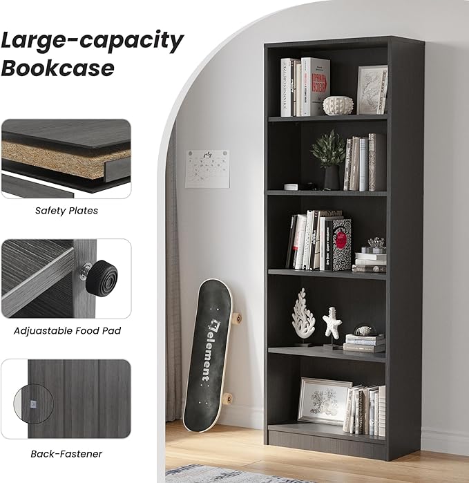 Bookshelf, Open Modern Bookshelf, 5 Shelf Bookcase with Freestanding Display Storage, Wooden Book Shelf for Bedroom, Living Room, Dinning Room, Office, Dray