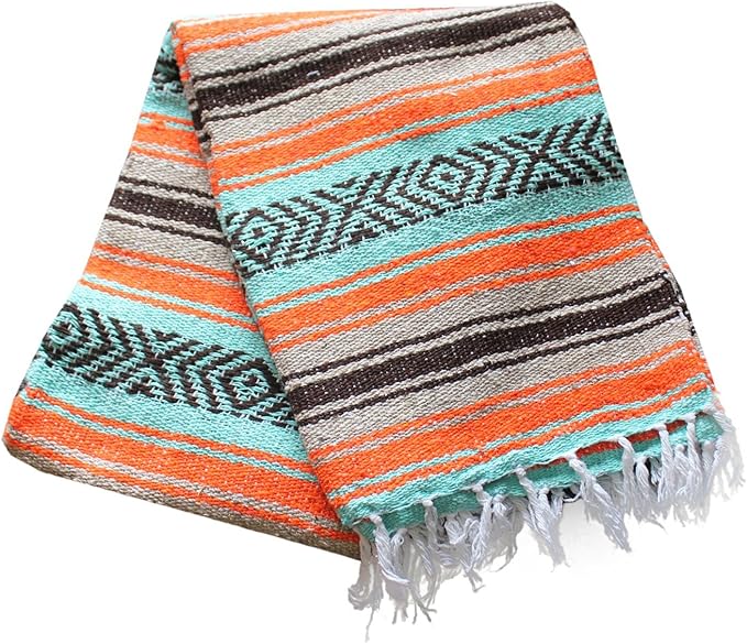 Del Mex Classic Mexican Blanket, Large Authentic Woven Falsa Throw (70"x50"), Artisan Southwest Décor for Beach, Yoga, Outdoors (Mint/Tan/Orange)