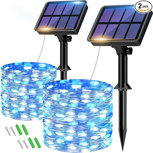 2 Pack Solar String Lights Outdoor - 160LED 66FT Solar Fairy Lights Waterproof 8 Modes, Copper Wire Solar Powered Twinkle Lights for Outside Tree Garden Christmas Wedding Party Decor (Blue White)