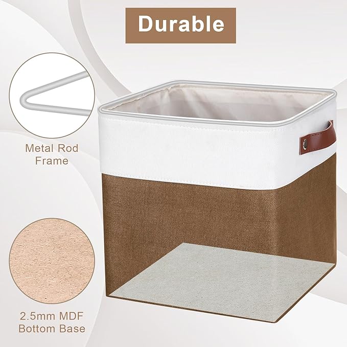 Collapsible Fabric Storage Cubes 11x11 Cube Storage Bins, 4 Pack Closet Baskets Box with Handles for Organizing, Shelf, Toys, Clothes, Home, Office, Nursery (Brown&White)